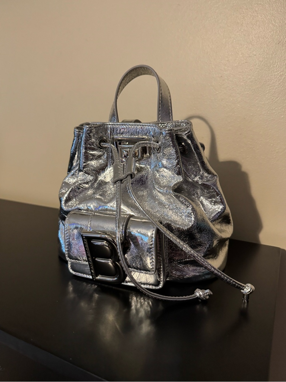 Brandon Blackwood Midori Bag - Cracked Silver Metallic Leather Drawstring Bag